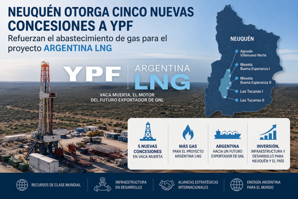 La provincia de Neuquén dio un nuevo paso para consolidar el desarrollo de Vaca Muerta como plataforma exportadora de gas natural licuado (GNL) al formalizar la concesión de cinco nuevas áreas no convencionales a YPF, una decisión que fortalece la estrategia de abastecimiento de gas para el megaproyecto Argentina LNG, impulsado por la petrolera estatal junto a socios internacionales. Las áreas adjudicadas corresponden a Aguada Villanueva Norte, Meseta Buena Esperanza I, Meseta Buena Esperanza II, Las Tacanas I y Las Tacanas II, bloques ubicados en la formación Vaca Muerta que habían sido transferidos a YPF por Pluspetrol a comienzos de este año. La aprobación provincial permite a la compañía avanzar con planes de exploración, desarrollo e inversiones orientadas a incrementar la producción de gas natural destinada tanto al mercado interno como a futuros proyectos de exportación. Un paso estratégico para Argentina LNG La medida fue presentada por el gobierno de Neuquén como un componente clave dentro de la visión conjunta entre el gobernador Rolando Figueroa y el presidente y CEO de YPF, Horacio Marín, para convertir a Argentina en uno de los principales exportadores mundiales de GNL durante la próxima década. Las nuevas concesiones amplían significativamente la superficie bajo desarrollo de YPF dentro de Vaca Muerta y fortalecen la disponibilidad de reservas que serán necesarias para abastecer las futuras plantas de licuefacción y las unidades flotantes de producción de GNL contempladas en el proyecto Argentina LNG. Según información difundida por medios regionales, los proyectos incluyen inversiones iniciales para la perforación de aproximadamente 38 pozos horizontales durante las etapas piloto y un compromiso económico que incorpora un bono de infraestructura superior a USD 158 millones, recursos que contribuirán al desarrollo provincial y a la expansión de infraestructura energética asociada. Vaca Muerta como motor de las exportaciones de gas La incorporación de estas áreas ocurre en un momento clave para el sector energético argentino. Vaca Muerta posee la segunda mayor reserva mundial de gas no convencional y constituye la principal fuente de suministro para los ambiciosos planes de exportación de GNL liderados por YPF. El proyecto Argentina LNG contempla el desarrollo integral de la cadena de valor, incluyendo producción upstream, nuevos sistemas de transporte dedicados, infraestructura portuaria y capacidad de licuefacción para abastecer mercados internacionales. La iniciativa apunta a posicionar al país como un proveedor competitivo de energía para Europa, Asia y otras regiones con creciente demanda de gas natural. Durante los últimos meses, YPF ha acelerado la búsqueda de socios estratégicos internacionales para el proyecto. La compañía firmó acuerdos con Shell para avanzar en el desarrollo de la primera fase del proyecto, prevista para alcanzar una capacidad de aproximadamente 10 millones de toneladas anuales de GNL, además de acuerdos posteriores con Eni y XRG, la filial de inversiones internacionales de ADNOC, con el objetivo de impulsar nuevas etapas de expansión. Señal positiva para los mercados internacionales La adjudicación de nuevas áreas productivas también envía una señal relevante a potenciales compradores, inversionistas y socios financieros internacionales. La disponibilidad de reservas de largo plazo es uno de los elementos fundamentales para respaldar contratos de suministro de GNL a 15 y 20 años, condición necesaria para viabilizar inversiones multimillonarias en infraestructura de licuefacción y transporte. En este contexto, la decisión de Neuquén contribuye a reducir incertidumbres sobre el abastecimiento futuro del proyecto y refuerza la visión de Argentina como uno de los nuevos polos de crecimiento de la industria global del GNL. Perspectivas Con la incorporación de estas cinco nuevas concesiones, YPF continúa consolidando una posición dominante en las áreas gasíferas más relevantes de Vaca Muerta y fortalece la base de recursos necesaria para transformar el enorme potencial geológico argentino en exportaciones de GNL a gran escala. Si los cronogramas de infraestructura, licuefacción y transporte avanzan según lo previsto, Argentina podría convertirse durante la próxima década en uno de los nuevos actores relevantes del mercado mundial de GNL, generando miles de millones de dólares en exportaciones energéticas y posicionando a Vaca Muerta como uno de los principales centros de producción de gas natural del hemisferio occidental. Fuente: Elaboración propia de GNL GLOBAL con información de Neuquén, YPF y medios especializados del sector energético.