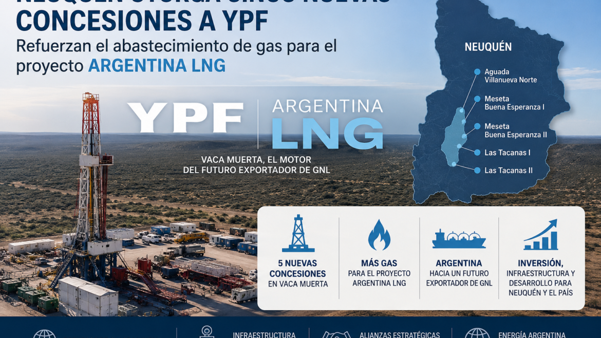 La provincia de Neuquén dio un nuevo paso para consolidar el desarrollo de Vaca Muerta como plataforma exportadora de gas natural licuado (GNL) al formalizar la concesión de cinco nuevas áreas no convencionales a YPF, una decisión que fortalece la estrategia de abastecimiento de gas para el megaproyecto Argentina LNG, impulsado por la petrolera estatal junto a socios internacionales. Las áreas adjudicadas corresponden a Aguada Villanueva Norte, Meseta Buena Esperanza I, Meseta Buena Esperanza II, Las Tacanas I y Las Tacanas II, bloques ubicados en la formación Vaca Muerta que habían sido transferidos a YPF por Pluspetrol a comienzos de este año. La aprobación provincial permite a la compañía avanzar con planes de exploración, desarrollo e inversiones orientadas a incrementar la producción de gas natural destinada tanto al mercado interno como a futuros proyectos de exportación. Un paso estratégico para Argentina LNG La medida fue presentada por el gobierno de Neuquén como un componente clave dentro de la visión conjunta entre el gobernador Rolando Figueroa y el presidente y CEO de YPF, Horacio Marín, para convertir a Argentina en uno de los principales exportadores mundiales de GNL durante la próxima década. Las nuevas concesiones amplían significativamente la superficie bajo desarrollo de YPF dentro de Vaca Muerta y fortalecen la disponibilidad de reservas que serán necesarias para abastecer las futuras plantas de licuefacción y las unidades flotantes de producción de GNL contempladas en el proyecto Argentina LNG. Según información difundida por medios regionales, los proyectos incluyen inversiones iniciales para la perforación de aproximadamente 38 pozos horizontales durante las etapas piloto y un compromiso económico que incorpora un bono de infraestructura superior a USD 158 millones, recursos que contribuirán al desarrollo provincial y a la expansión de infraestructura energética asociada. Vaca Muerta como motor de las exportaciones de gas La incorporación de estas áreas ocurre en un momento clave para el sector energético argentino. Vaca Muerta posee la segunda mayor reserva mundial de gas no convencional y constituye la principal fuente de suministro para los ambiciosos planes de exportación de GNL liderados por YPF. El proyecto Argentina LNG contempla el desarrollo integral de la cadena de valor, incluyendo producción upstream, nuevos sistemas de transporte dedicados, infraestructura portuaria y capacidad de licuefacción para abastecer mercados internacionales. La iniciativa apunta a posicionar al país como un proveedor competitivo de energía para Europa, Asia y otras regiones con creciente demanda de gas natural. Durante los últimos meses, YPF ha acelerado la búsqueda de socios estratégicos internacionales para el proyecto. La compañía firmó acuerdos con Shell para avanzar en el desarrollo de la primera fase del proyecto, prevista para alcanzar una capacidad de aproximadamente 10 millones de toneladas anuales de GNL, además de acuerdos posteriores con Eni y XRG, la filial de inversiones internacionales de ADNOC, con el objetivo de impulsar nuevas etapas de expansión. Señal positiva para los mercados internacionales La adjudicación de nuevas áreas productivas también envía una señal relevante a potenciales compradores, inversionistas y socios financieros internacionales. La disponibilidad de reservas de largo plazo es uno de los elementos fundamentales para respaldar contratos de suministro de GNL a 15 y 20 años, condición necesaria para viabilizar inversiones multimillonarias en infraestructura de licuefacción y transporte. En este contexto, la decisión de Neuquén contribuye a reducir incertidumbres sobre el abastecimiento futuro del proyecto y refuerza la visión de Argentina como uno de los nuevos polos de crecimiento de la industria global del GNL. Perspectivas Con la incorporación de estas cinco nuevas concesiones, YPF continúa consolidando una posición dominante en las áreas gasíferas más relevantes de Vaca Muerta y fortalece la base de recursos necesaria para transformar el enorme potencial geológico argentino en exportaciones de GNL a gran escala. Si los cronogramas de infraestructura, licuefacción y transporte avanzan según lo previsto, Argentina podría convertirse durante la próxima década en uno de los nuevos actores relevantes del mercado mundial de GNL, generando miles de millones de dólares en exportaciones energéticas y posicionando a Vaca Muerta como uno de los principales centros de producción de gas natural del hemisferio occidental. Fuente: Elaboración propia de GNL GLOBAL con información de Neuquén, YPF y medios especializados del sector energético.