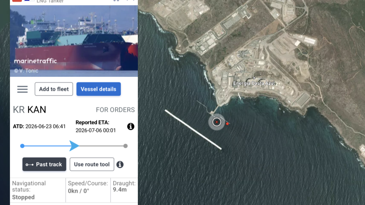 Pacific Success se prepara para cargar el primer cargamento de GNL de Energía Costa Azul en México. Imagen Marine Traffic