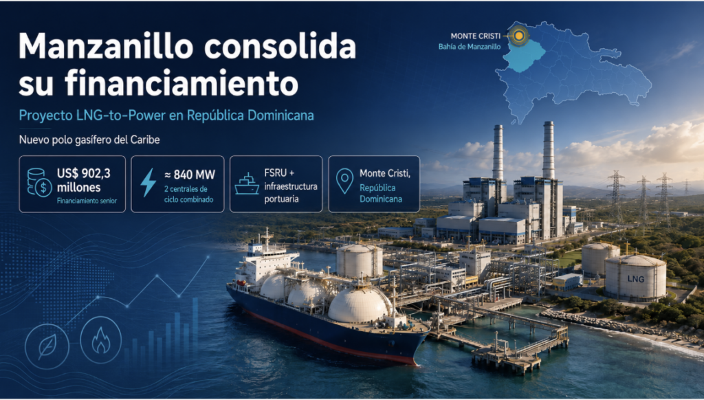 El complejo Manzanillo Gas & Power, que integrará infraestructura de importación de GNL con dos centrales de ciclo combinado, vuelve al centro de atención tras conocerse nuevos detalles de una operación de financiamiento senior por US$902,3 millones. El desarrollo refuerza el posicionamiento de República Dominicana como uno de los mercados LNG-to-Power más relevantes del Caribe.