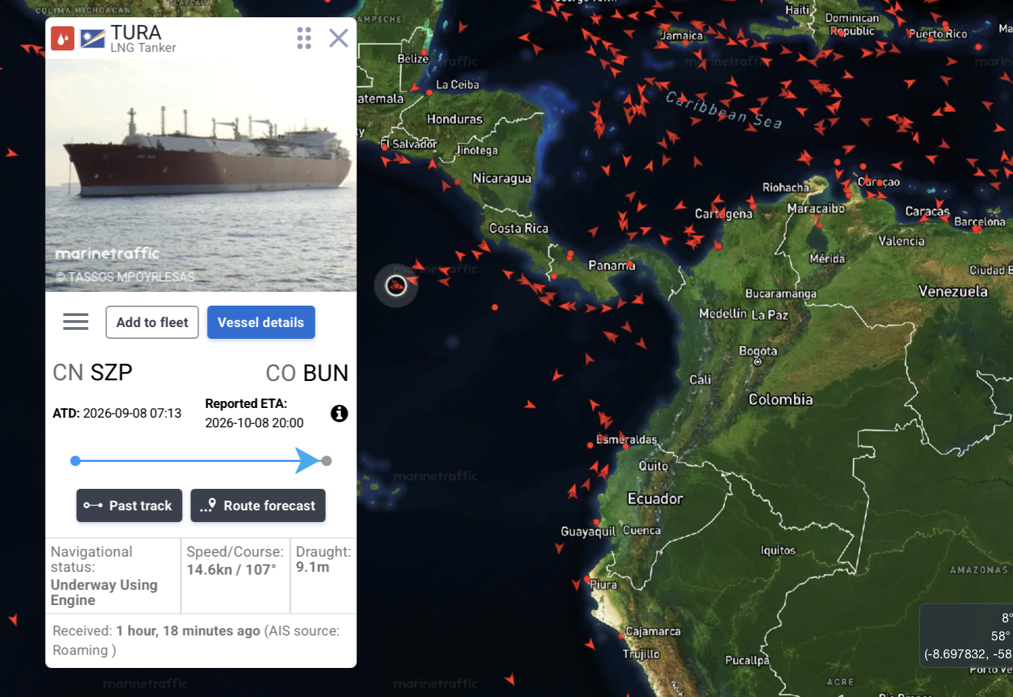 FSU TURA, Rumbo a Colombia, Marine Traffic 